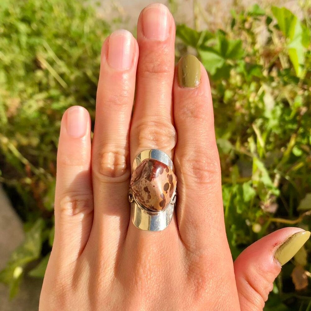 Boho Earthy Leopard Skin Jasper Chunky Crystal Ring